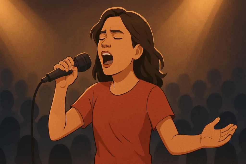ผู้หญิงกำลังร้องเพลงต่อหน้าผู้ชมอีกนับพัน เขาร้องแบบเข้าถึงจิตใจคน อาจจะไม่เพราะที่สุด แต่ทัชชิ่งมากๆ