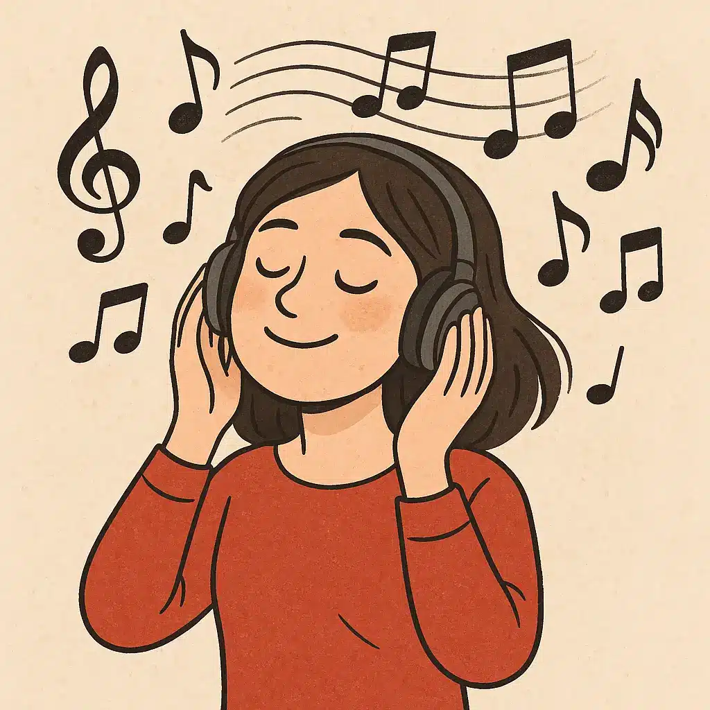 ผู้หญิงใส่หูฟัง ฟังเพลงเพราะๆอย่างมีความสุข