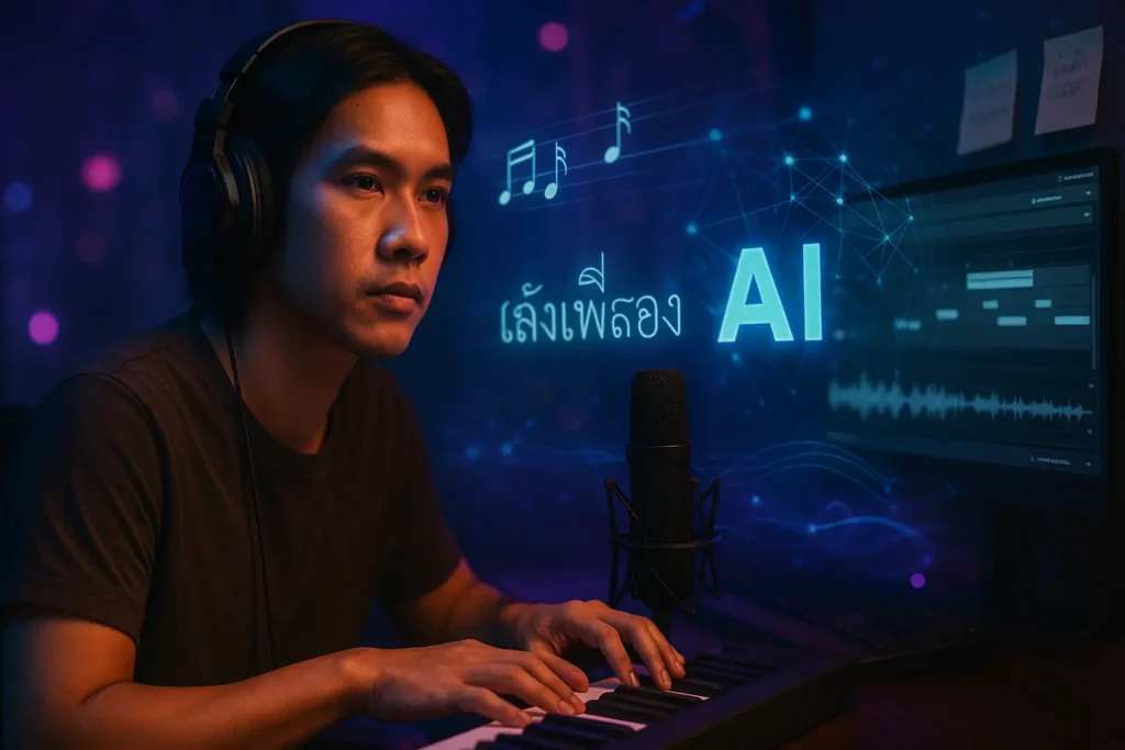 คนกำลังใส่ prompt ในการใช้ AI ช่วยแต่งเพลงภาษาไทย มีตัวอักษร AI สีฟ้าพร้อมนามปากกาโผล่มากลางจอ ภาพพื้นหลังเป็นทรงแบบดิจิทัล ให้ดูล้ำสมัย