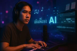 คนกำลังใส่ prompt ในการใช้ AI ช่วยแต่งเพลงภาษาไทย มีตัวอักษร AI สีฟ้าพร้อมนามปากกาโผล่มากลางจอ ภาพพื้นหลังเป็นทรงแบบดิจิทัล ให้ดูล้ำสมัย