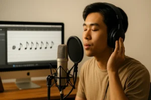 ภาพคนกำลังแต่งเพลงหน้าคอม มีไมค์ rode ใส่หูฟัง พร้อมโชว์เทคนิคการแต่งเพลงขั้นสูงให้ติดหู