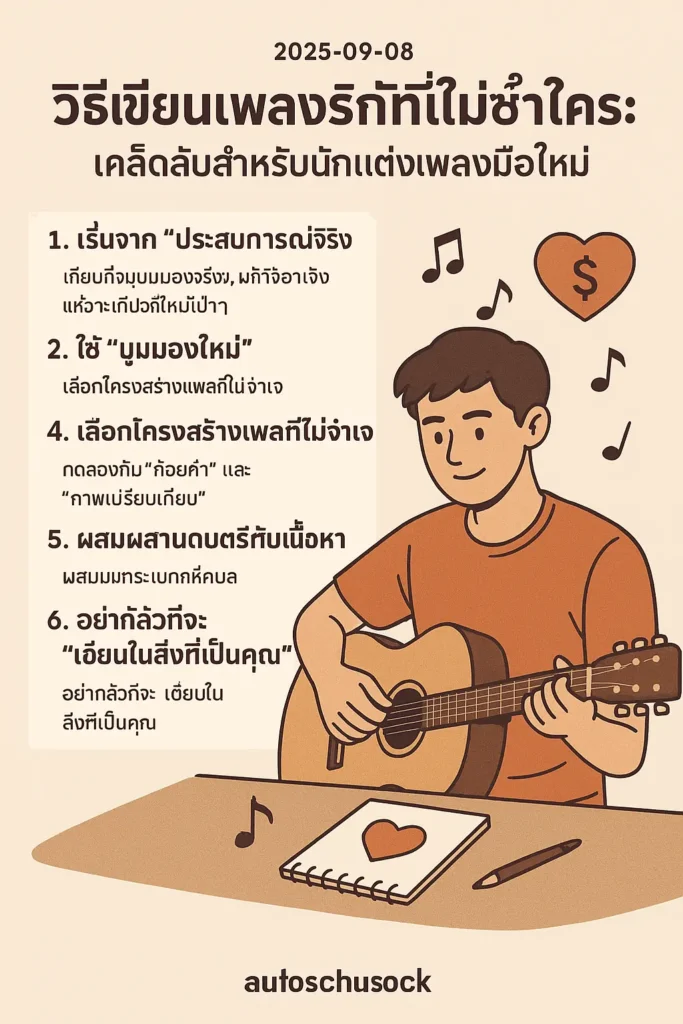 6 ข้อในการเขียนเพลงรัก ว่าทำยังไงให้เพลงเราไม่ซ้ำกับคนอื่น โดยมีตัวการ์ตูนนั่งเล่นกีต้าร์ พร้อมหนังสือกับปากกาเอาไว้แต่งเพลง เห็นปุ้ปรู้เลยว่ากำลังแต่งเพลงไม่ก็เล่นดนตรีอยู่